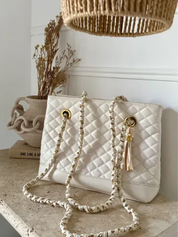 Sac blanc femme chaînes doré or matelassés blanc chaînes doré or zip bandoulière à main borsa