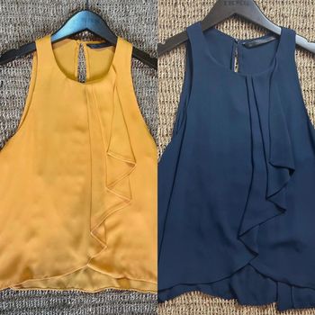 2 hauts voile, 1 moutarde + 1 bleu marine identiques