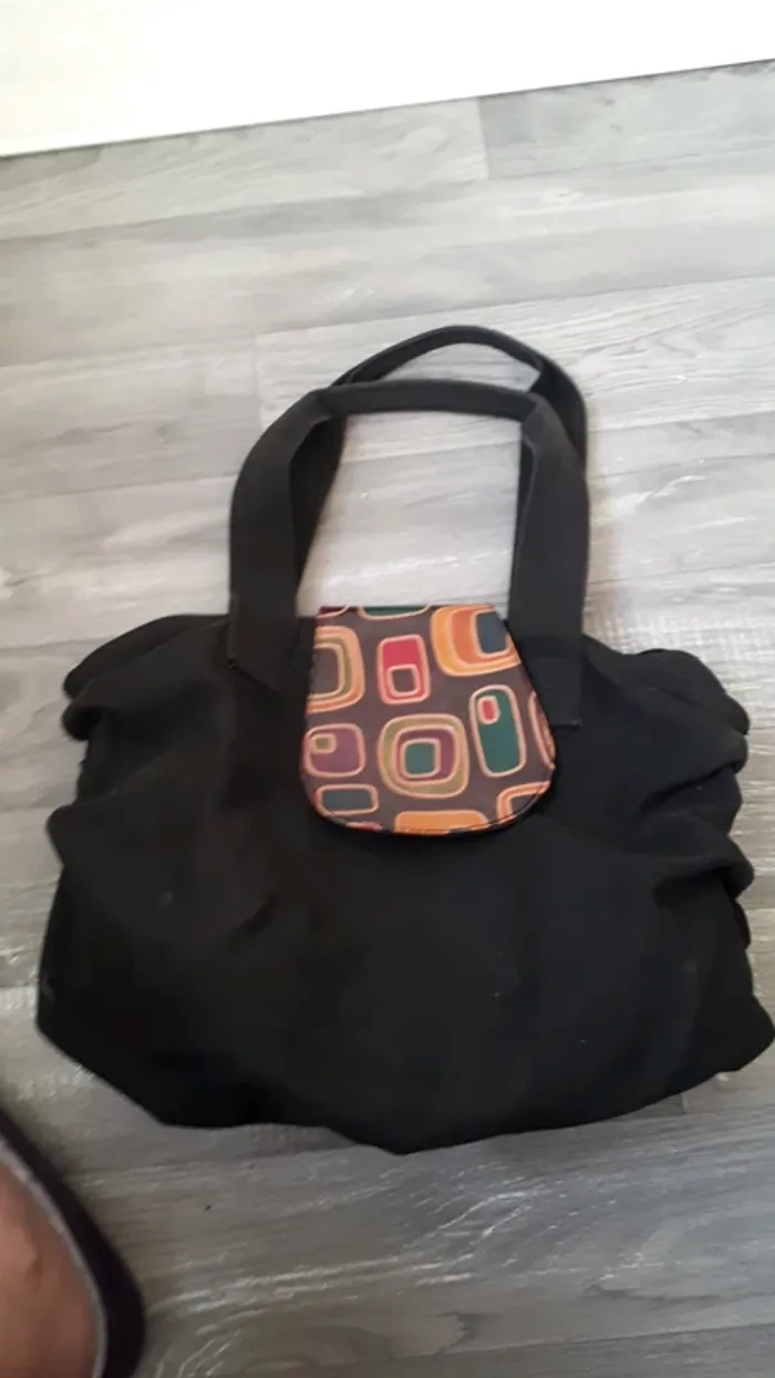 Sac toile noir et cuir multicolore