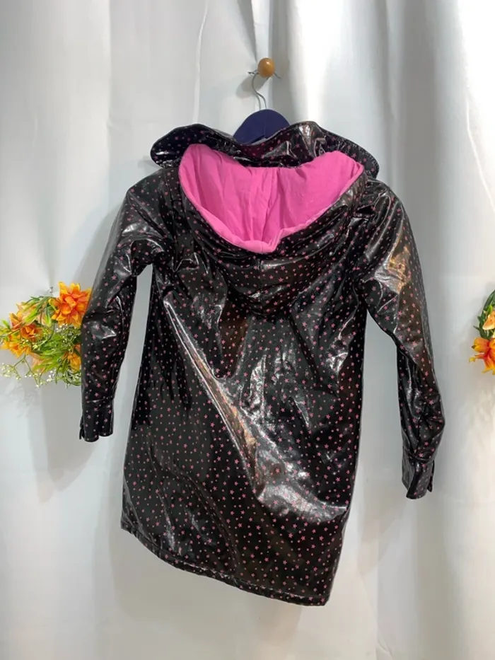 Manteau imperméable doublé avec capuche noir motifs étoiles fushia Tissaia 6 ans - n81m - photo numéro 3