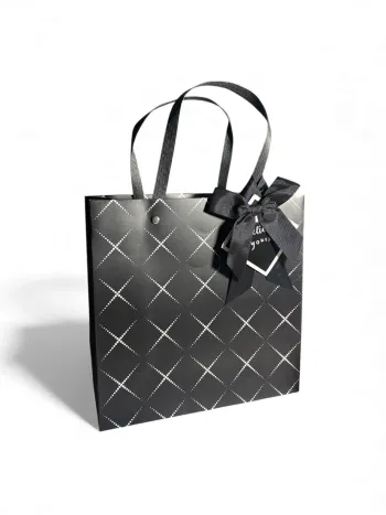 Sac cadeau noir blanc carreaux lanières nœud « Believe in Yourself » 22x22x10 cm Neuf