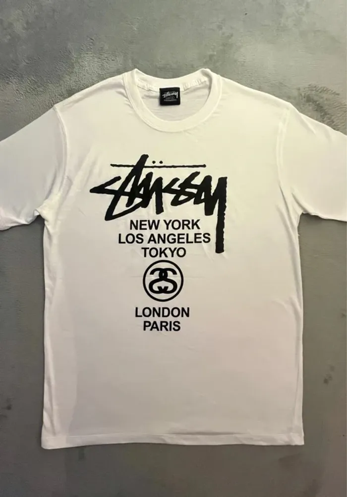T-shirt Stussy White Crewneck Big Logo City Black – Taille L