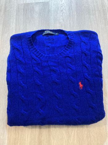 Pull Torsadé Ralph Lauren bleu | 100% laine | logo brodé rouge| taille M