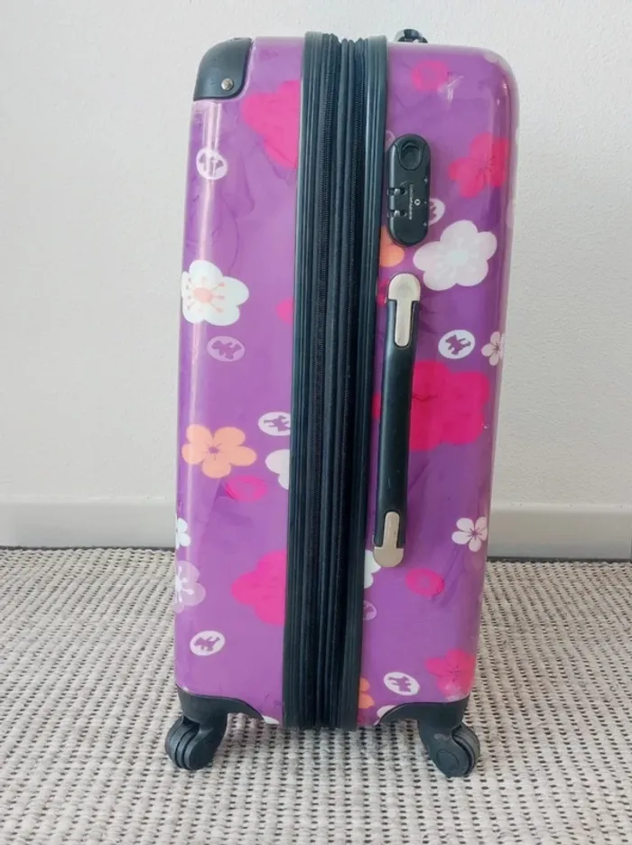 Grande valise fleur violet à roulette / Lulu Castagnette - 60L - photo numéro 3