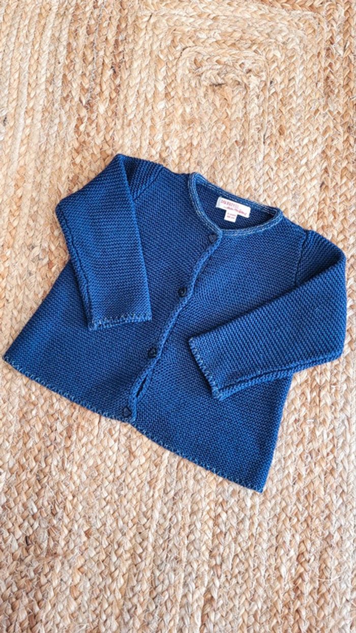 Joli Gilet en laine Cardigan bleu marine et artengé maille serrée Du Pareil au Même 6mois comme neuf - photo numéro 2