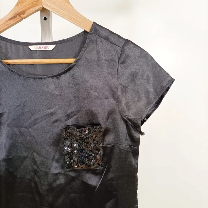 Top noir satiné Camaïeu effet ombré poche sequins T36 manches courtes chic soirée A1246 - photo numéro 2