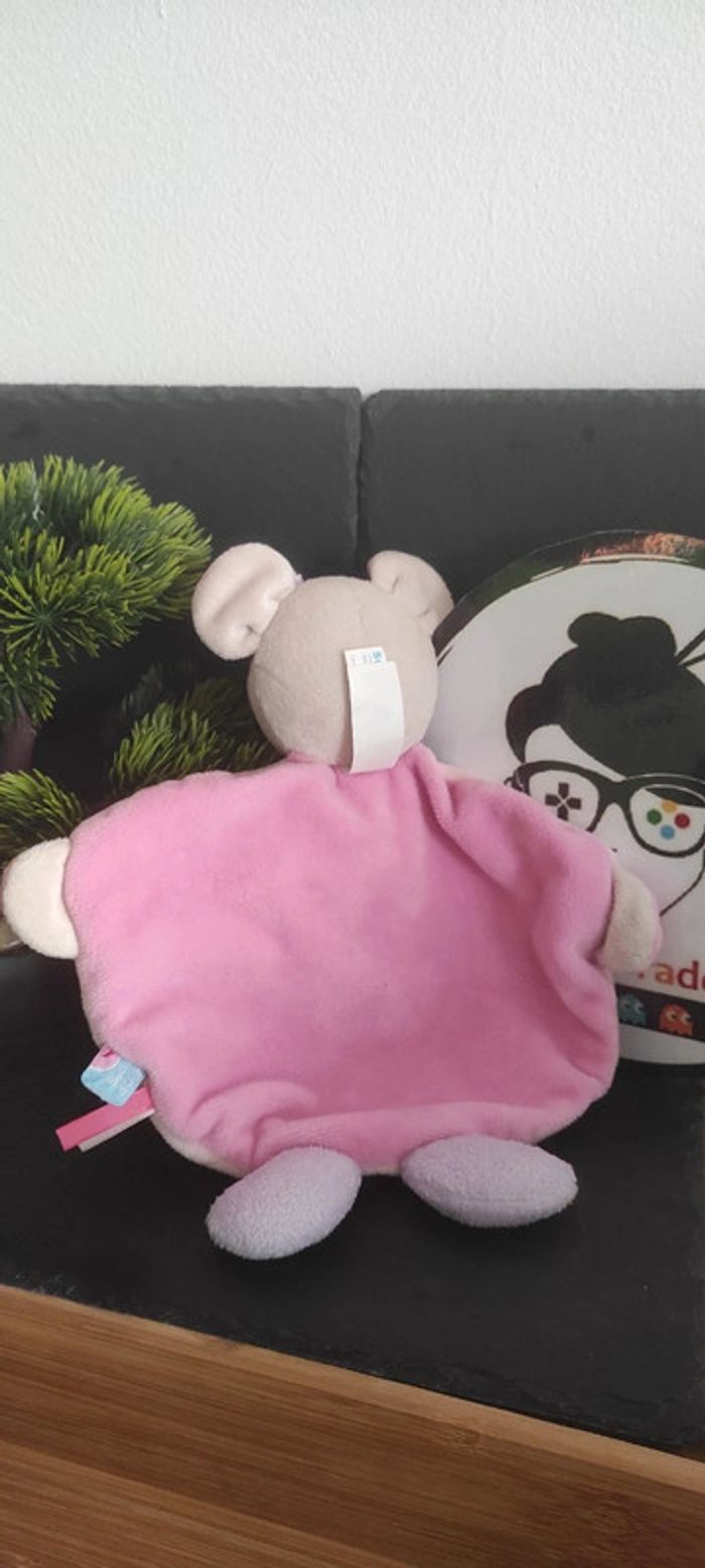 doudou souris rose violet blanc sucre d'orge coeur noeud gris attache tétine - photo numéro 2