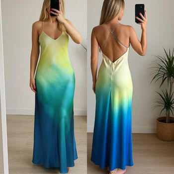 Robe longue dégradé bleu jaune dos nu – Taille S – Neuf