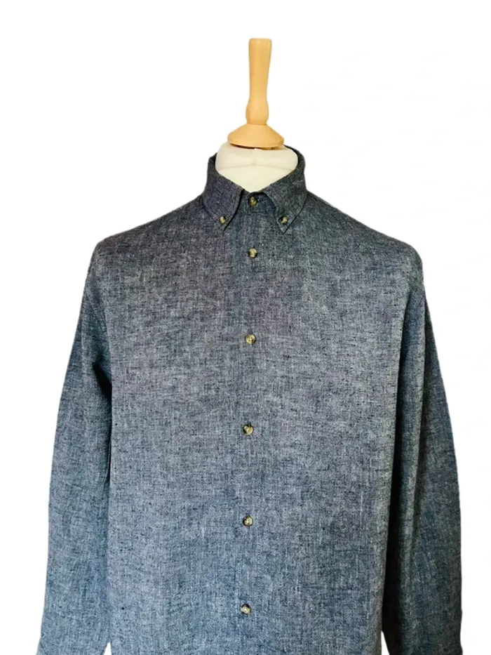 🔹🌿Chemise en lin coton chambray vintage homme Taille L Blue denim linen shirt🌿🔹 - photo numéro 3