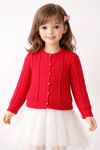 Gilet Rouge avec torsades Tricoté Main 6-12 Ans Phildar