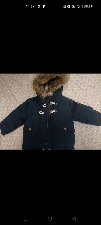 Manteau Obaïbi – 12 mois – Bleu roi – Capuche fourrée – TBE