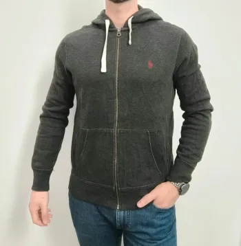Sweat capuche homme Ralph Lauren zippé taille M gris foncé logo bordeau - tâche javel