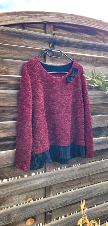 Pull Vintage bi-matière rouge bordeaux lie de vin et noir Taille 3