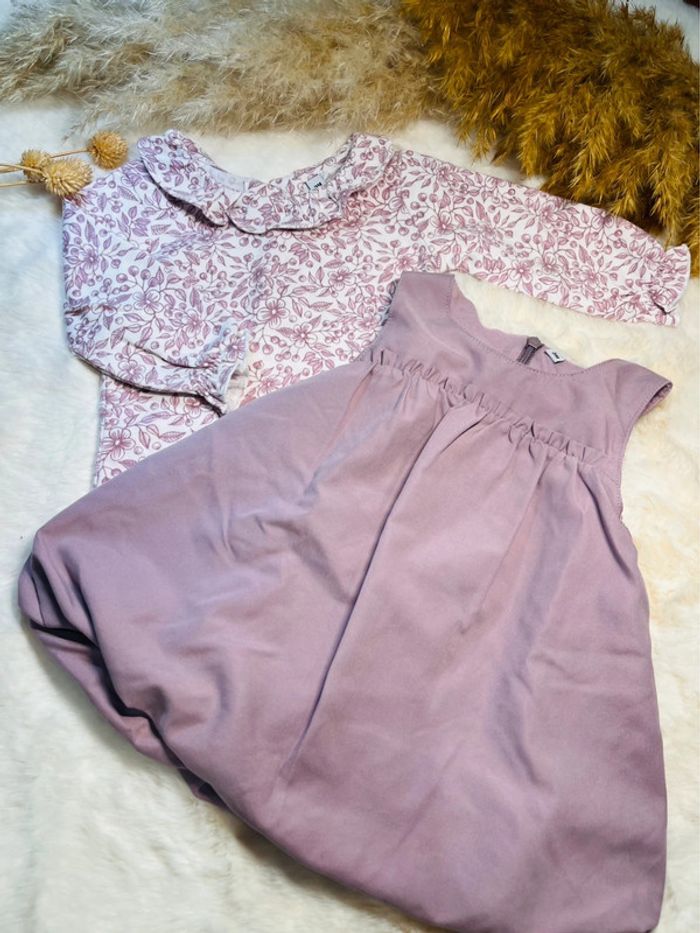Robe violette + haut manches longues, bébé fille, 3 mois, très bon état