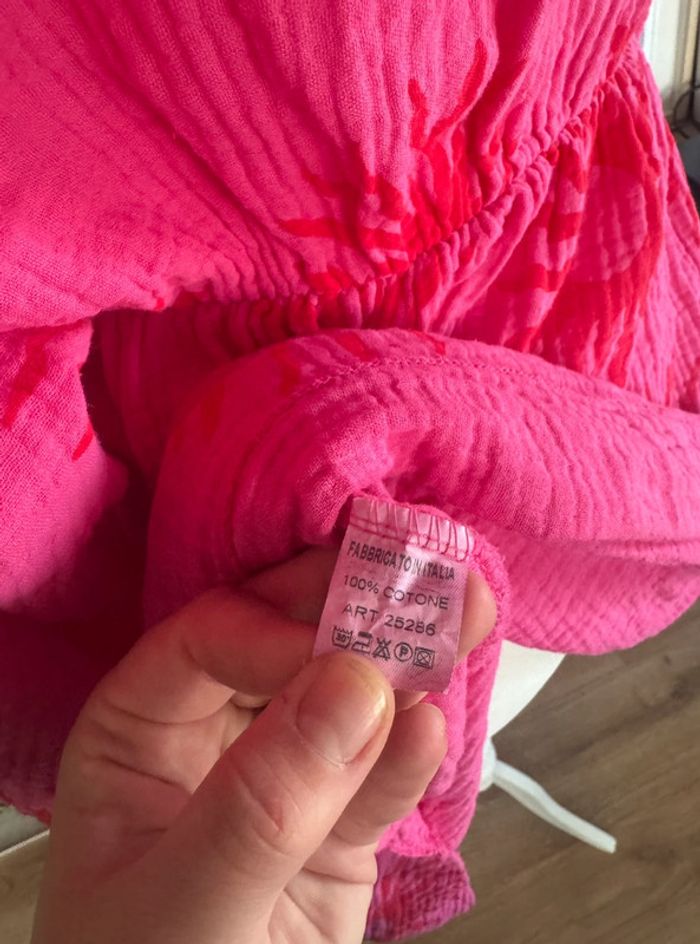 Robe en gaz de coton Fushia soleil rouge manches ballons col V grande taille 42-46 - photo numéro 4