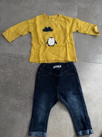 Ensemble tee shirt jaune long avec jean souple 6 mois
