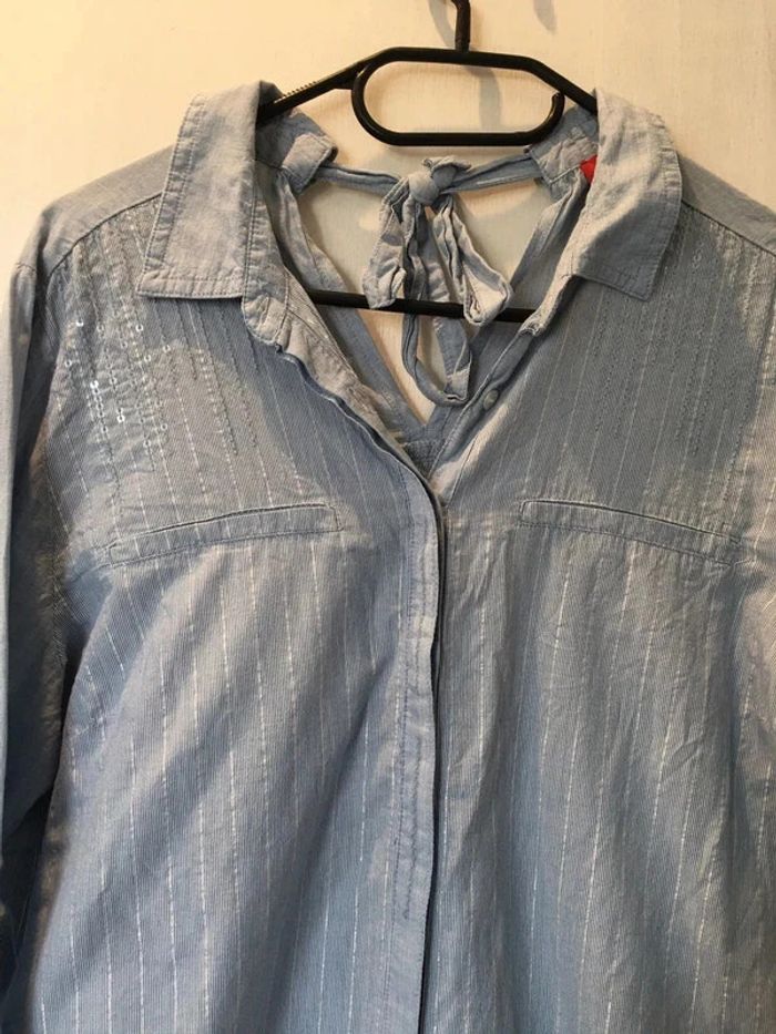 Chemise rayée manches longues bleu ciel lurex argenté miss captain tortue M 38 - photo numéro 2