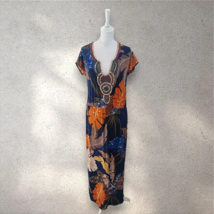 Robe longue fluide fendue et imprimée manches courtes taille unique