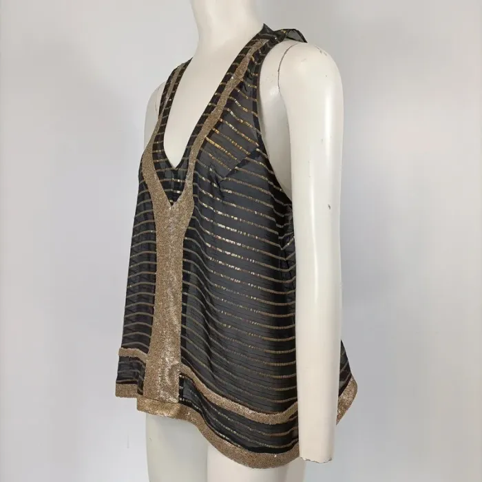 Top Transparent Noir et Dorée Sequin rayé or soie haut élégant fêtes, cérémonies taille 42-44 A208 - photo numéro 2