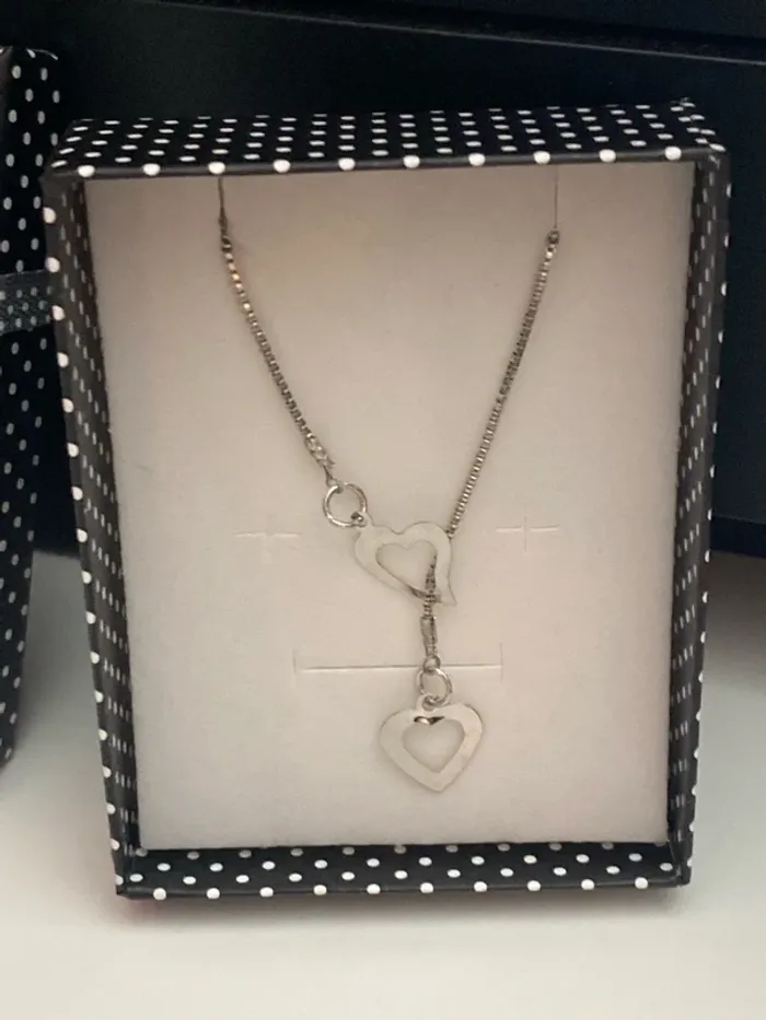 collier pendentif coeur suspendu double coeur argenté - photo numéro 2