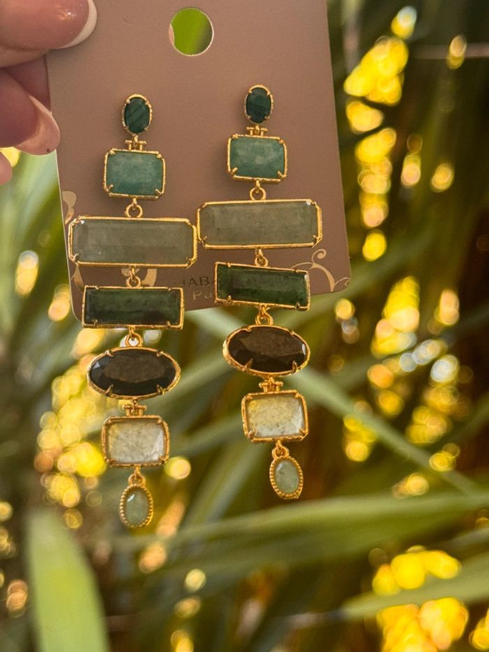 Grosse boucles d’oreilles habaha Paris acier inoxydable or jade malachite amazonite - photo numéro 4