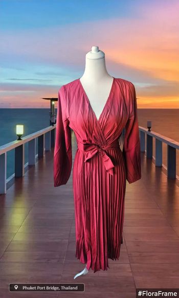 Robe longue plissée bordeau avec sa ceinture, Sans marque, taille S