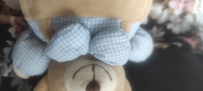 Doudou Ours Priscilla larsen peluche bleu marron vichy carreaux grelot noeud papillon ancien - photo numéro 5