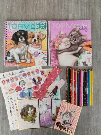 Livres de coloriage Top Model + crayons + cadeaux , très bon état