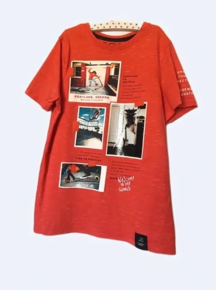 t-shirt manches courtes c&a garçon 9-10 ans 134-140 cm orange chiné motifs skateboards