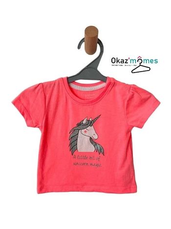 T-shirt manches courtes rose fluo (licorne) - Primark 68cm / 3-6 mois