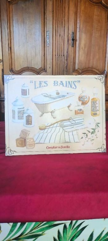 Plaque publicitaire '' les bains'' comptoir de famille
