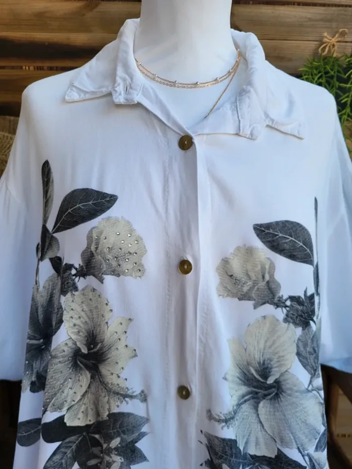 Chemise tunique asymétrique fleuri blanc gris influx taille 46 - photo numéro 4