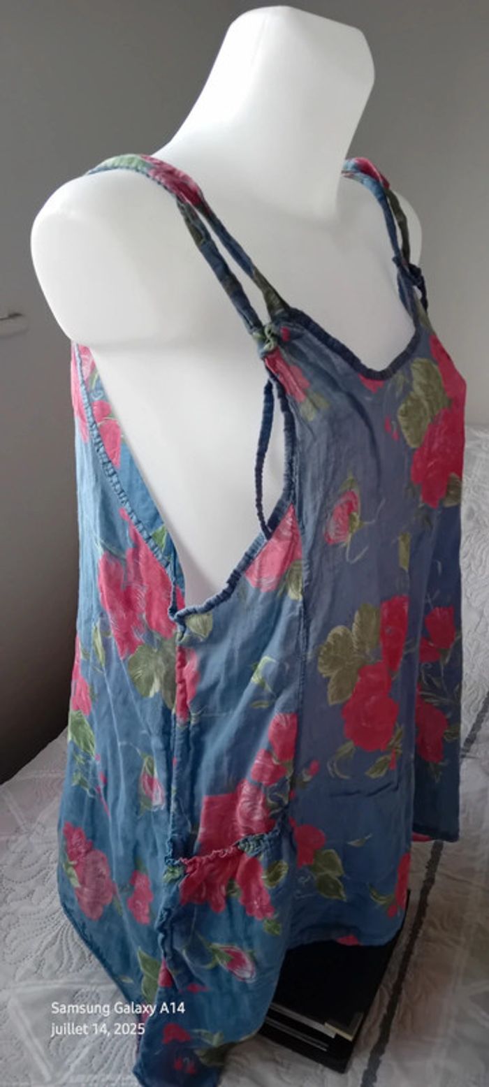 Tunique fines bretelles assymetriques motif fleurs bleu rose femme XL made in Italy - photo numéro 6