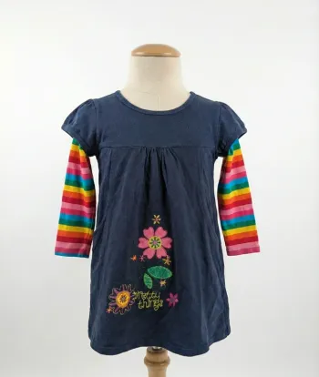 Robe Tunique Bleu Marine & Manches Arc-en-ciel - 3-4 Ans (104 cm) - Coton