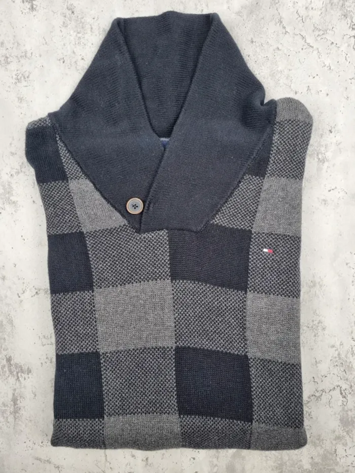 Pull col châle noir à carreaux Tommy Hilfiger – Taille XXL Homme (mesures en photos) - photo numéro 2
