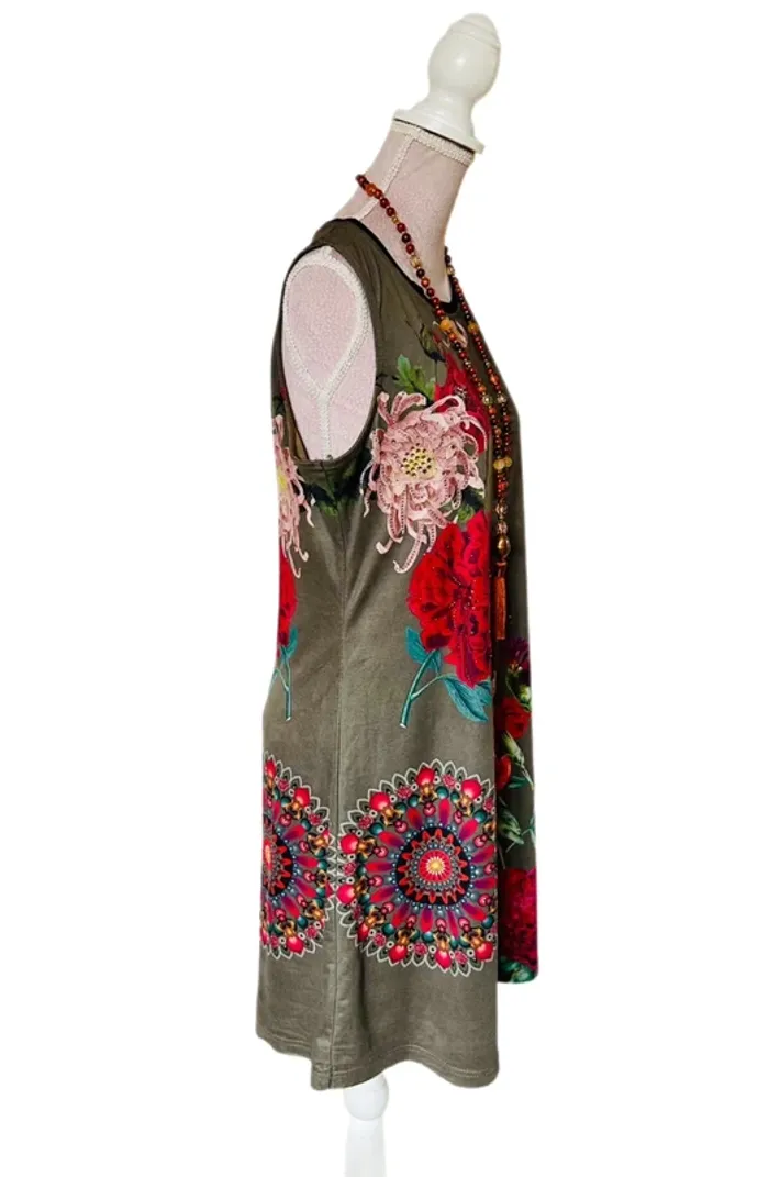 🌺🍁Robe vintage automnale kaki fleurie bohème chic S/M Autumn dress floral beaded details🍁🌺 - photo numéro 6