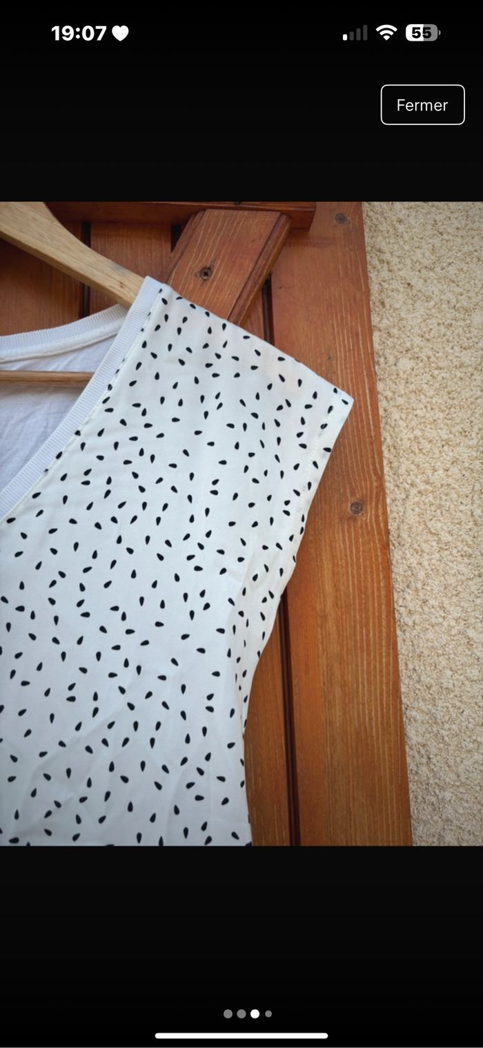 T-shirt blanc à motif noir/bleu marine - photo numéro 3