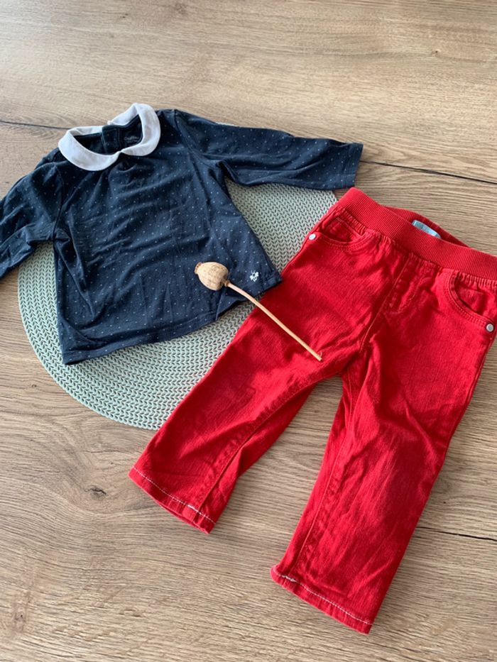 Ensemble fille pentalon rouge et haut bleu - 12mois - obaibi