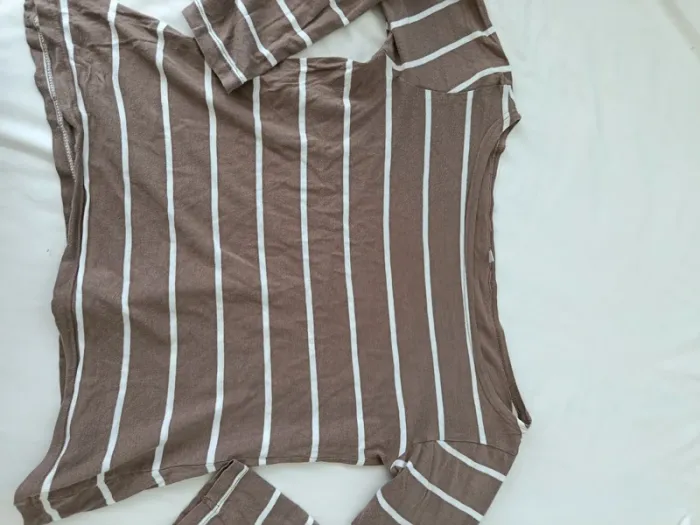 T-shirt manches 3/4 Rayé marron et blanc col bateau taille 38 - photo numéro 2
