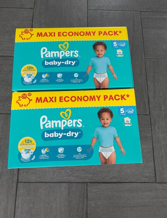 Lot 2 cartons Pampers Baby-Dry T5 (11-16kg) – 188 couches neuves – Protection 12h