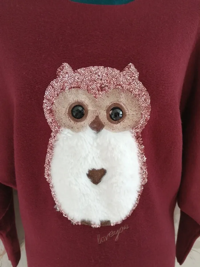 Pull bordeaux imprimé hibou manches chauve-souris / enzoria / (TU) - photo numéro 4