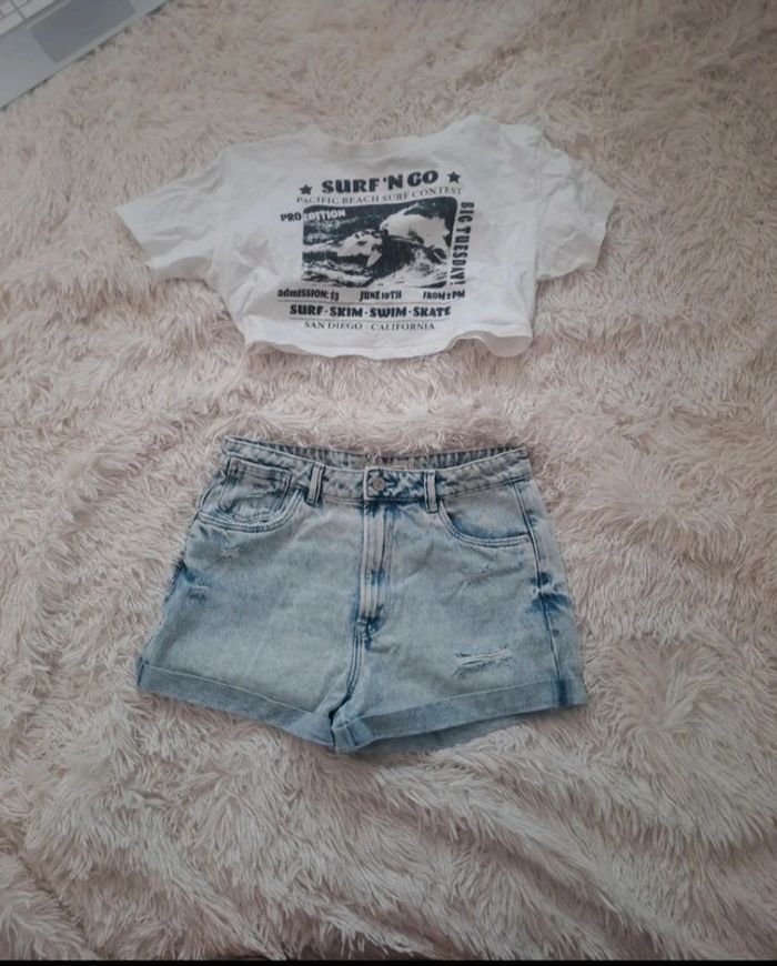 Crop top blanc imprimé noir XS - Vintage H&M tendance Y2K - photo numéro 5