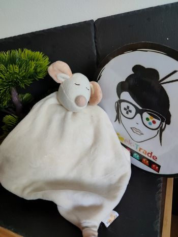 doudou souris CMP blanc beige noeud  mon hochet crème rayé Gris Kaki DD003157