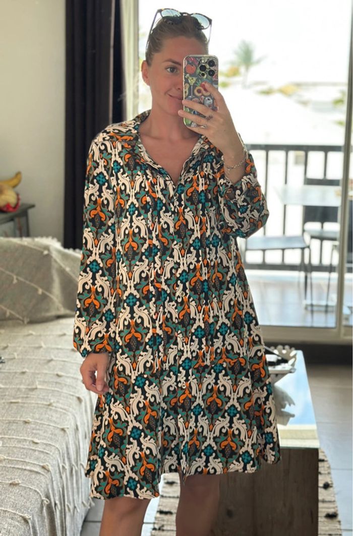 Robe imprimée a motifs colorées esprit bohème - Taille 38 Jus d’orange - photo numéro 5