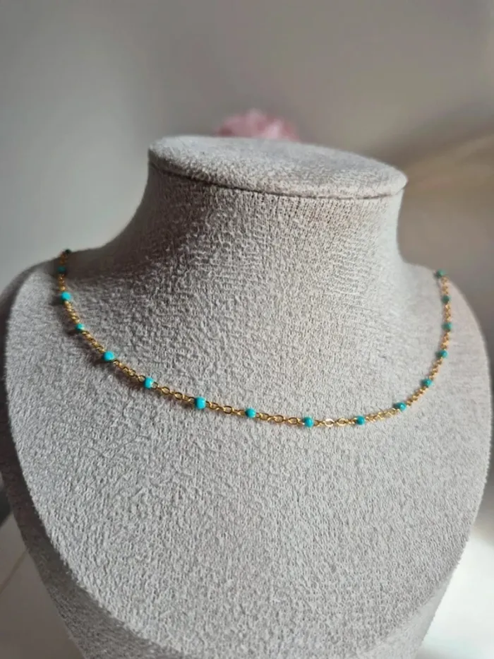 Collier ras du cou 41,5 cm En acier inoxydable perles turquoise