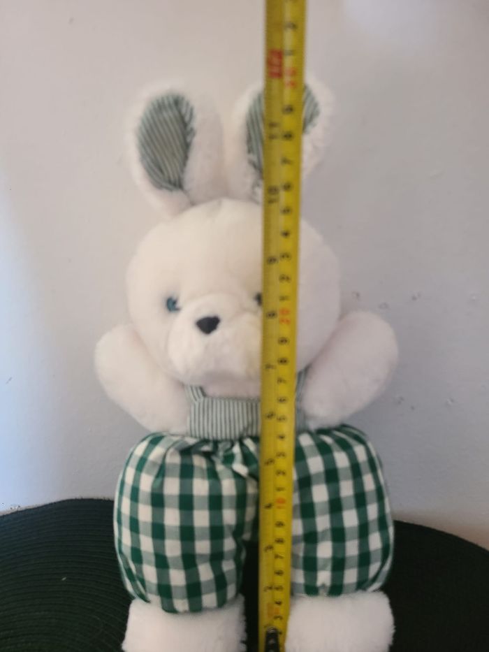 Peluche doudou Lapin blanc salopette carreaux verts Nounours Grelot - photo numéro 2