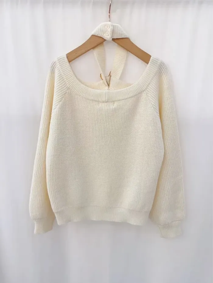 Pull beige étoilé col dénudé tendance laine - photo numéro 3