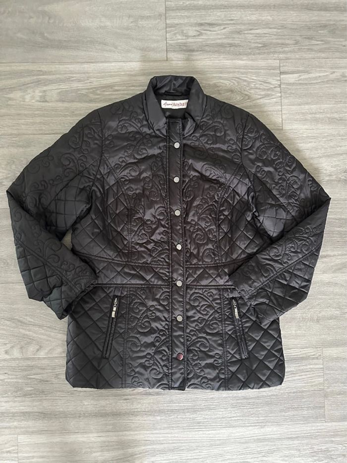 Veste matelassée noire broderies fleurs Anne Weybrun Vintage T44/46 2XL/3XL