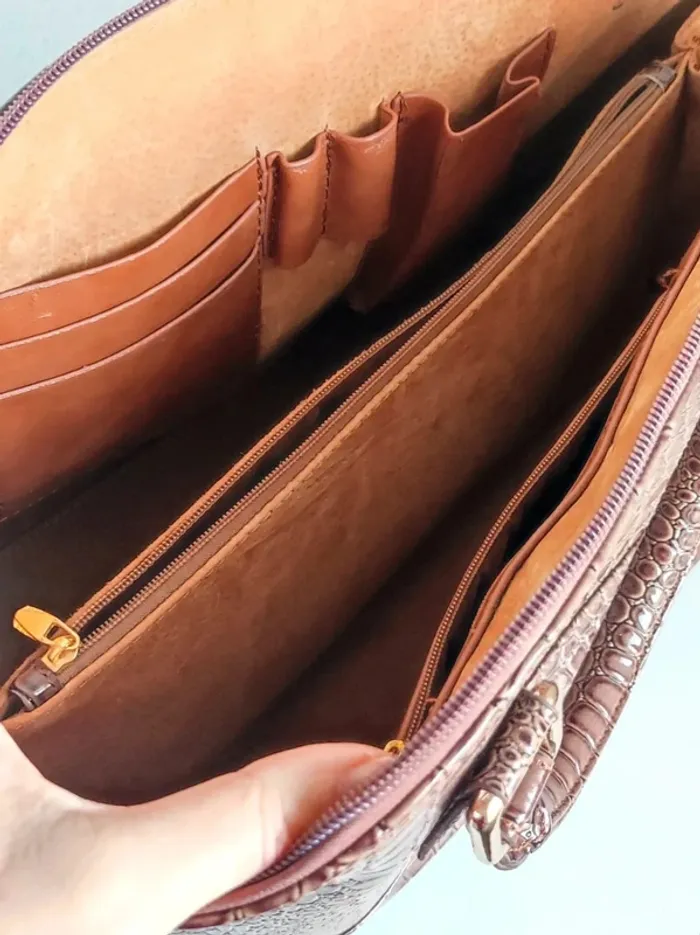 Sac à main marron cuir vernis bandoulière amovible écaille vintage / Lucia Tommasi - 33x24x17cm - photo numéro 15