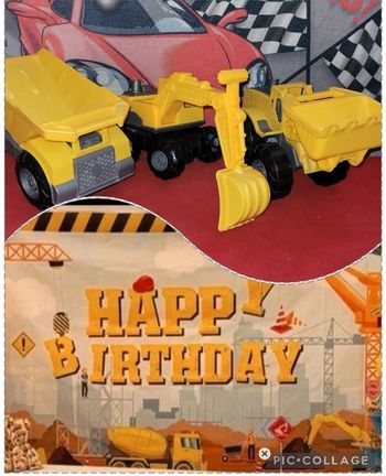 Grande Toile thème chantier 220x150cm et
lot camions de chantier, offre ballons noir